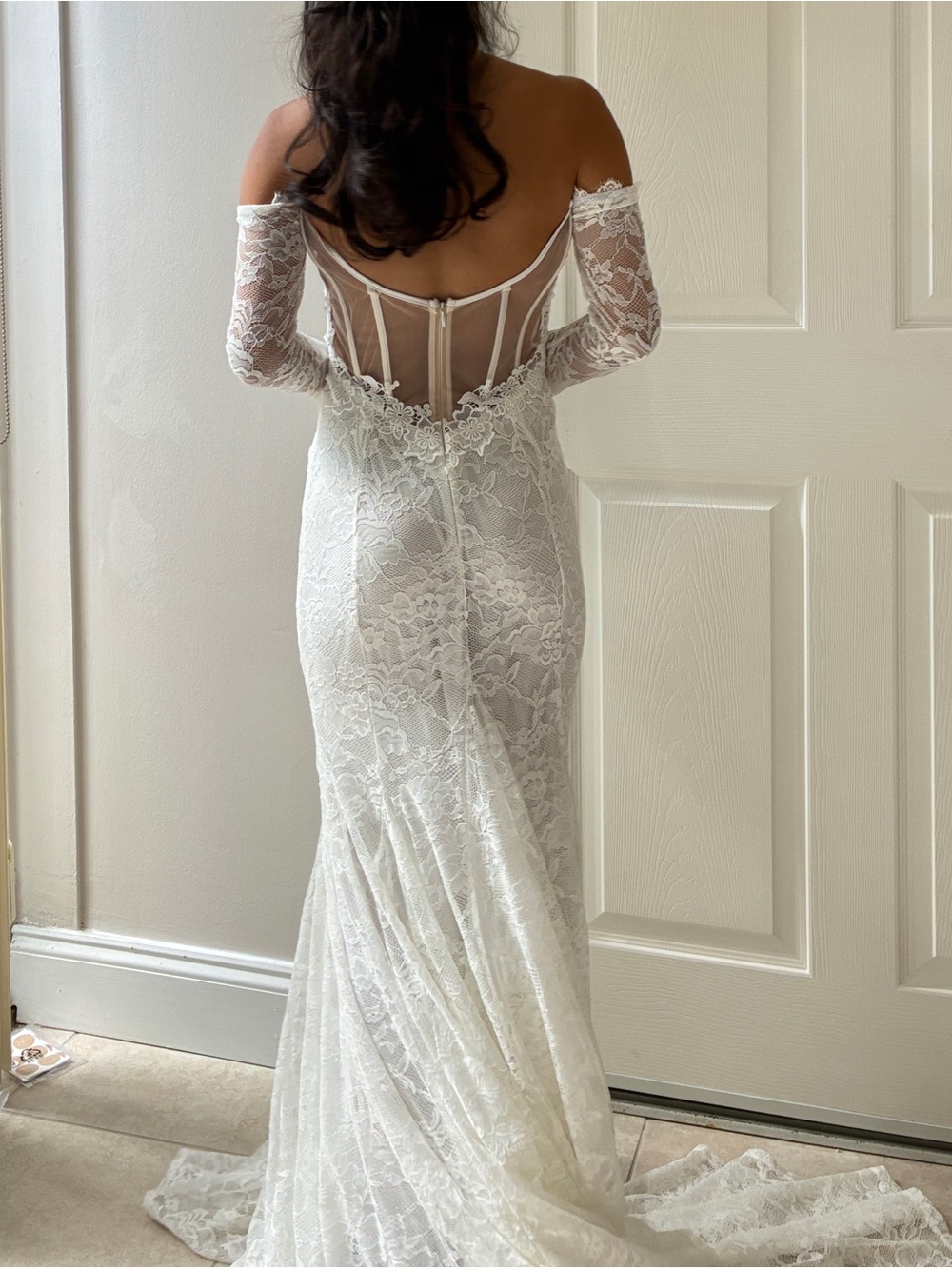 Off-Shoulder White Lace Mermaid Wedding Gown - Picture 3 of 3